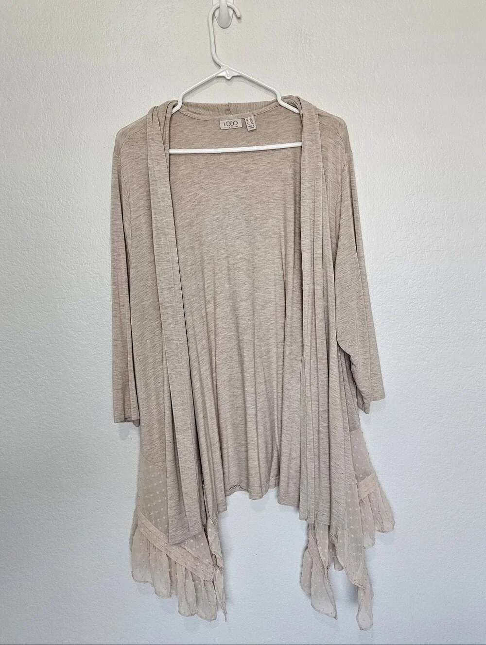 Logo Lori Goldstein | Lace Trim Lightweight Aysymmetrical Open Front Cardigan 2X